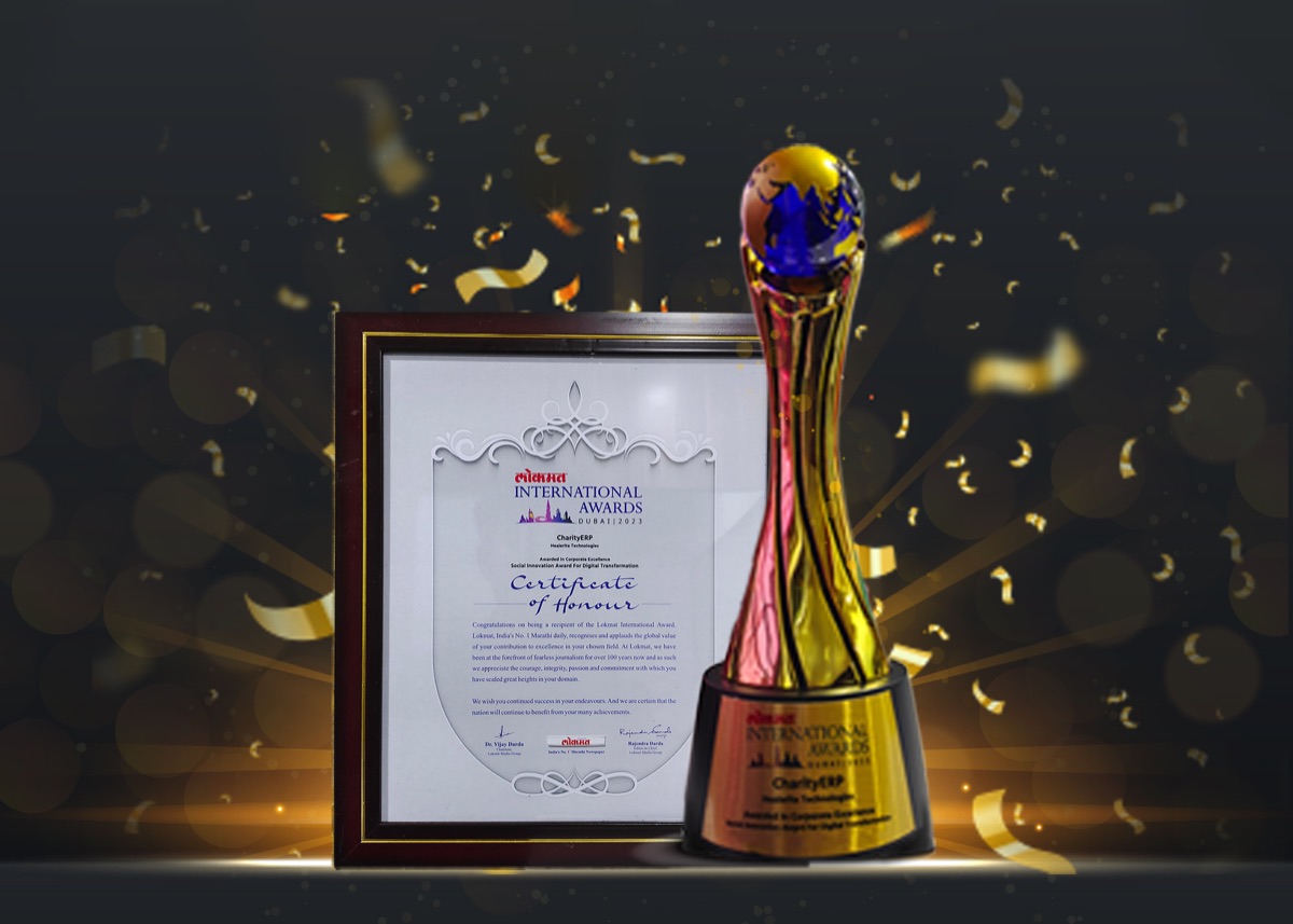Lokmat International Awards 2023 trophy and Certificate of Honour presented to CharityERP